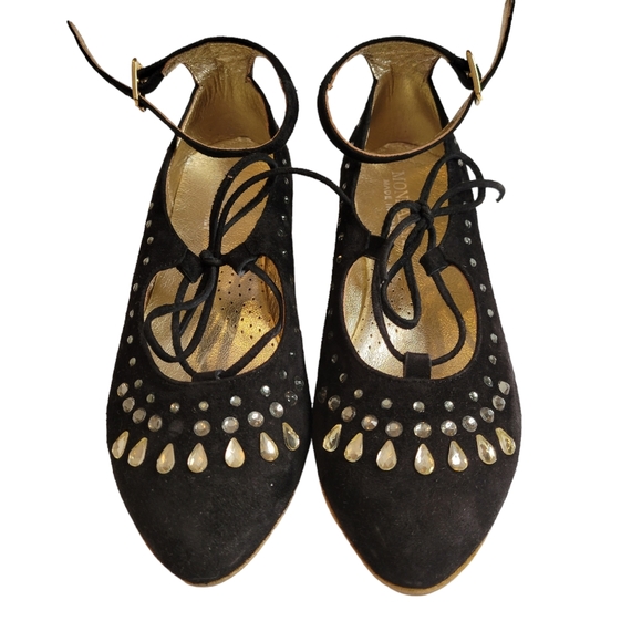 Monna Lisa Black Suede Ballerina Lace Up Camoscio Nero Size 34(US 3.5) - Picture 2 of 11